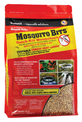 Summit Mosquito Bits bottle closeup showing easy-to-use larvicide for standing water