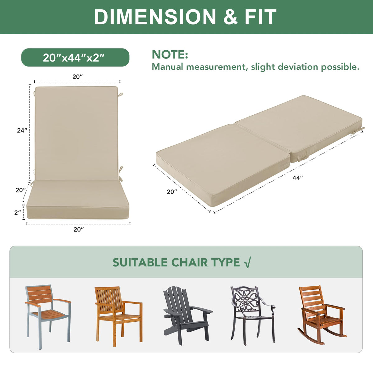 Summsun cushions measure 44x20 inches for most dining chairs