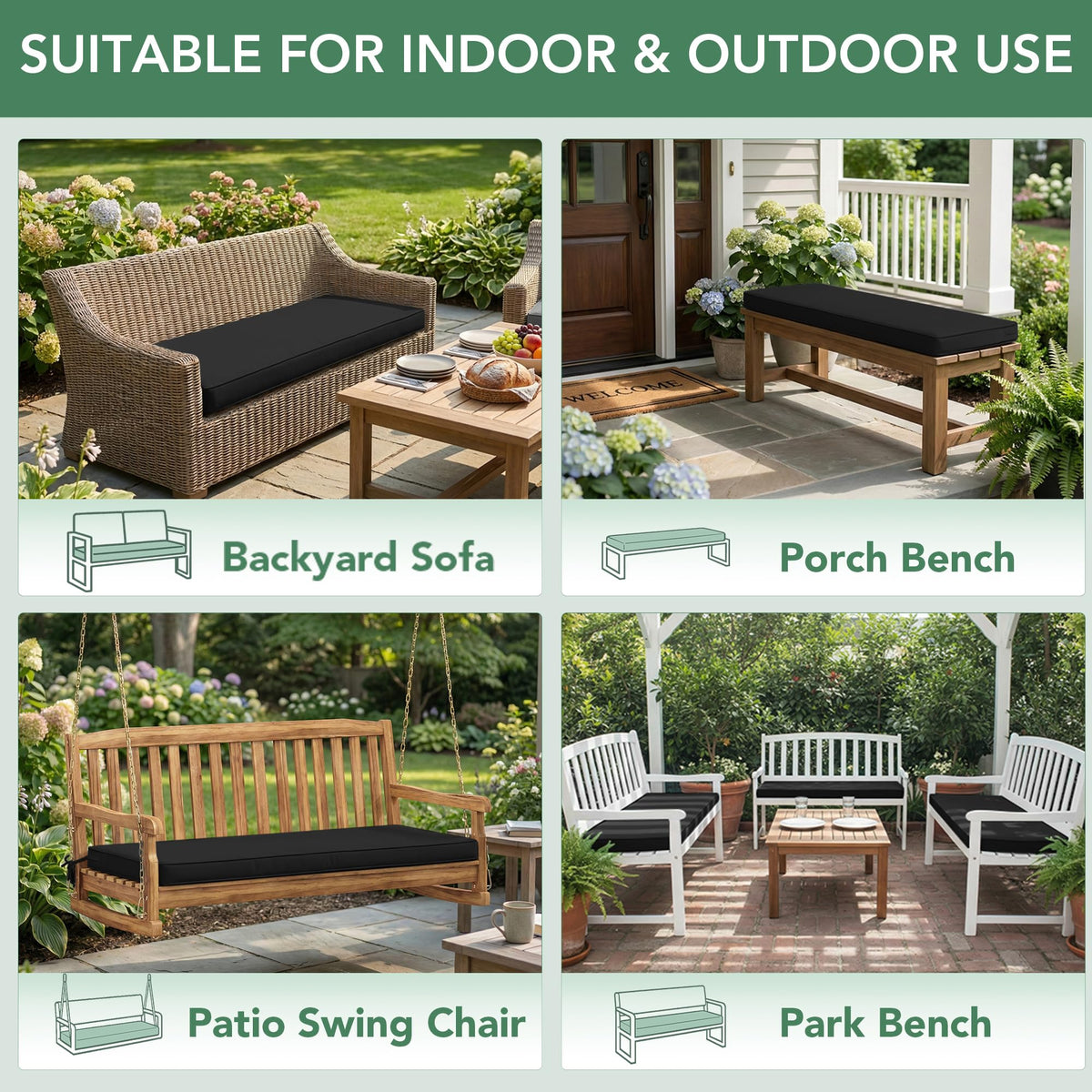 Summsun cushion fits porch swings and garden benches.