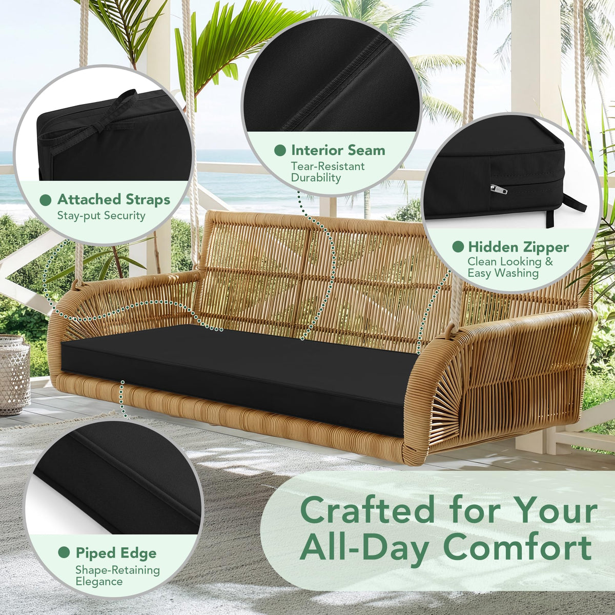Summsun cushion features non-slip backing to stay in place on benches.