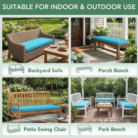 Summsun cushion in teal on a wooden porch swing for garden seating.