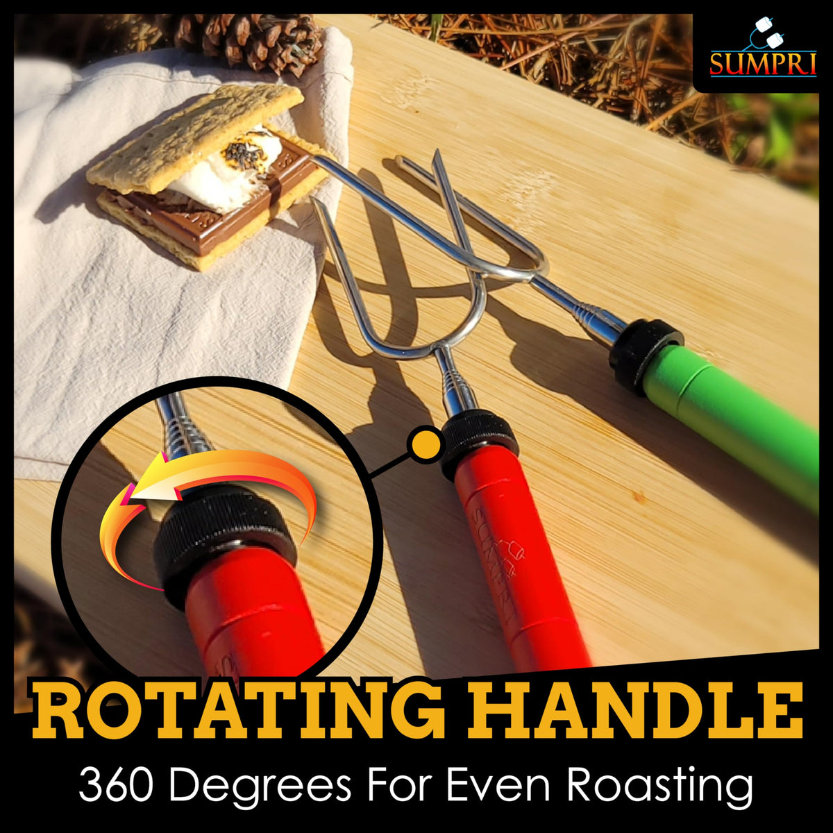 SUMPRI rotating handle enables even, quick roasting over the flames.