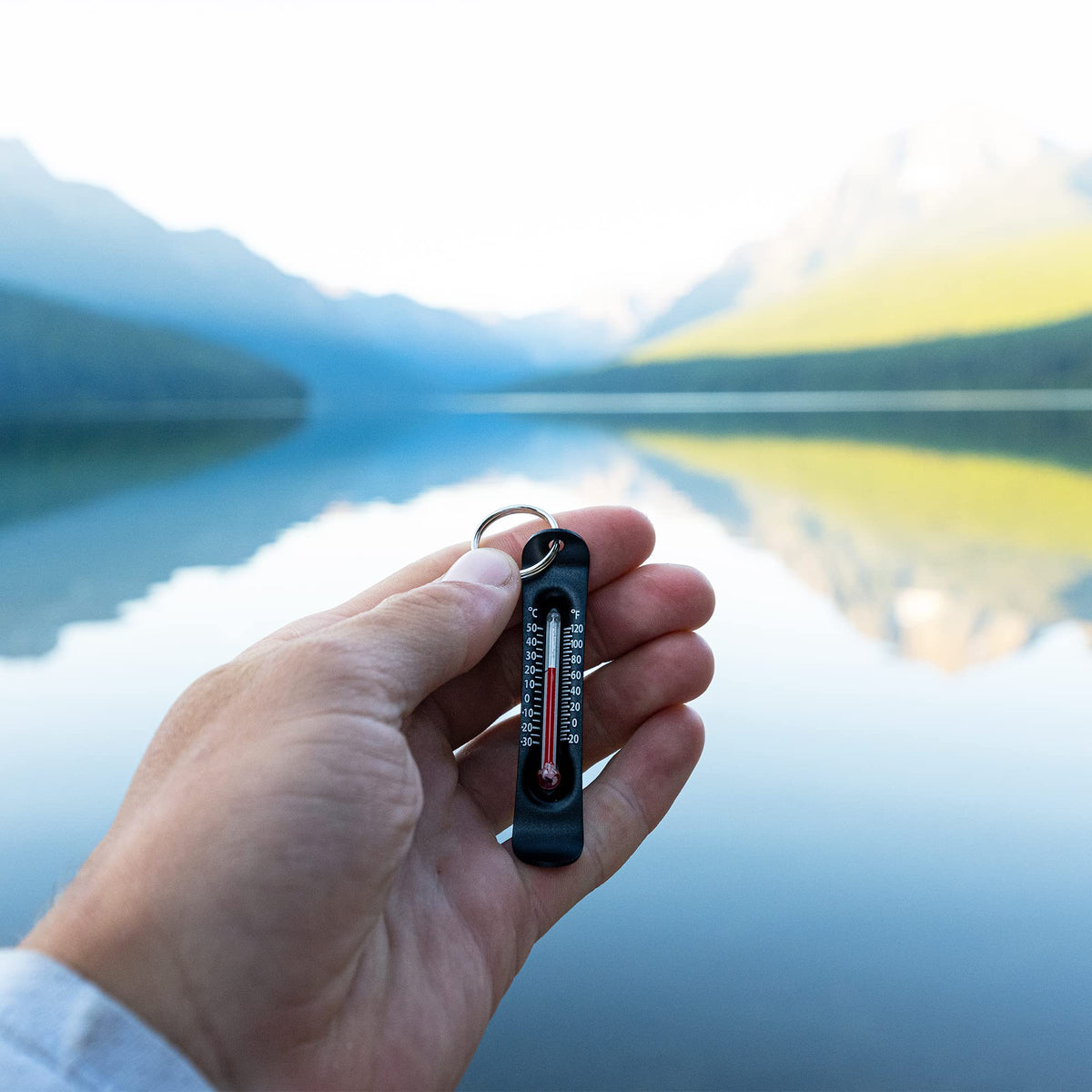 Sun Company Brrr-ometer attached to coat or backpack for quick checks.