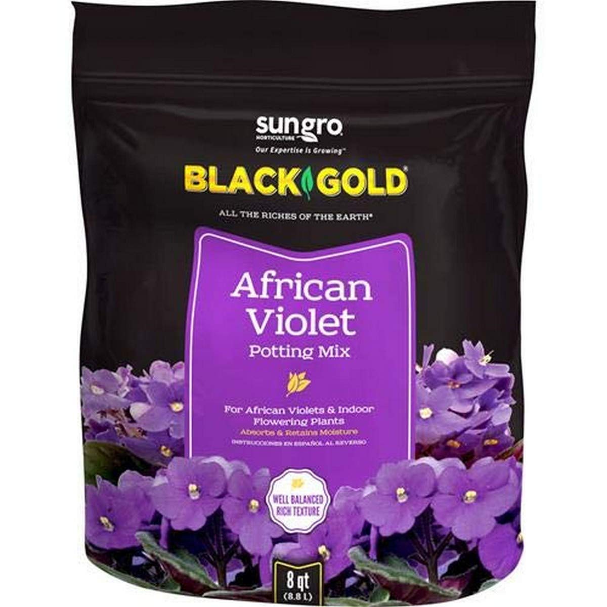Sun Gro Black Gold African Violet Mix bag, rich soil for vibrant African violets.