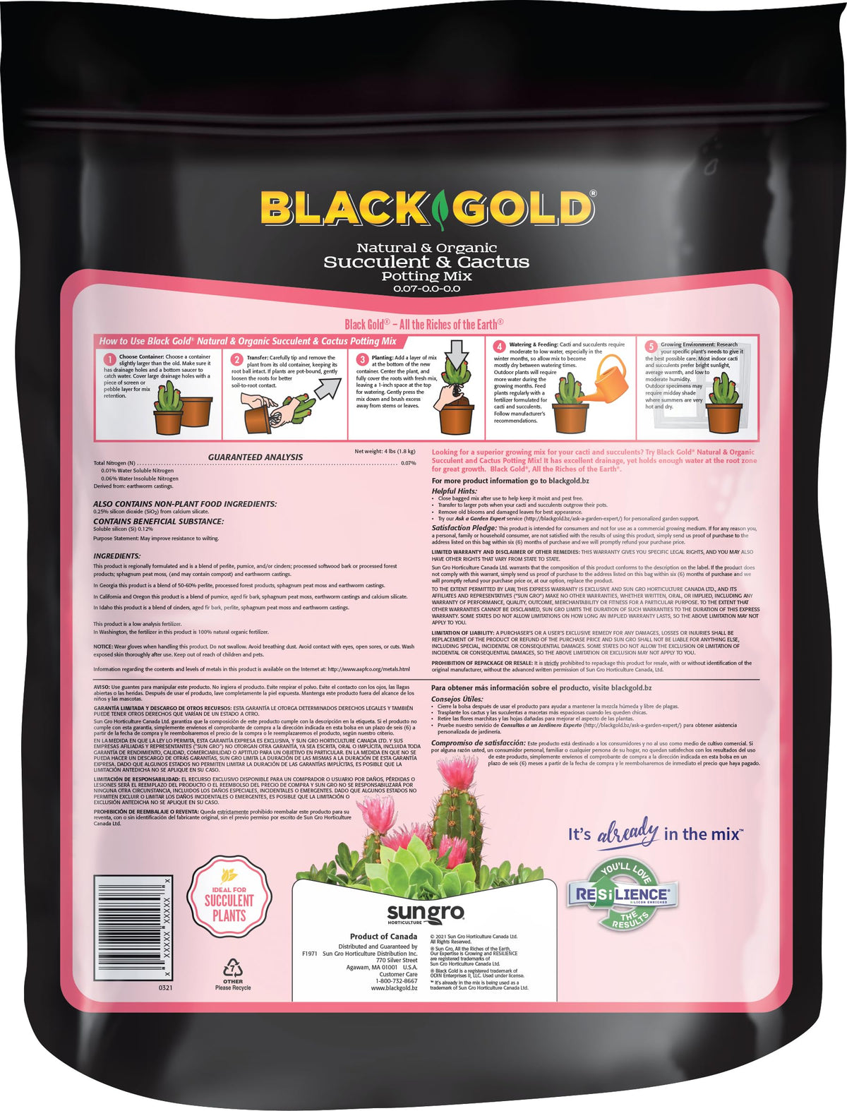 SUN GRO succulent-cactus mix ingredients highlight earthworm castings for nutrient-rich, balanced growth.