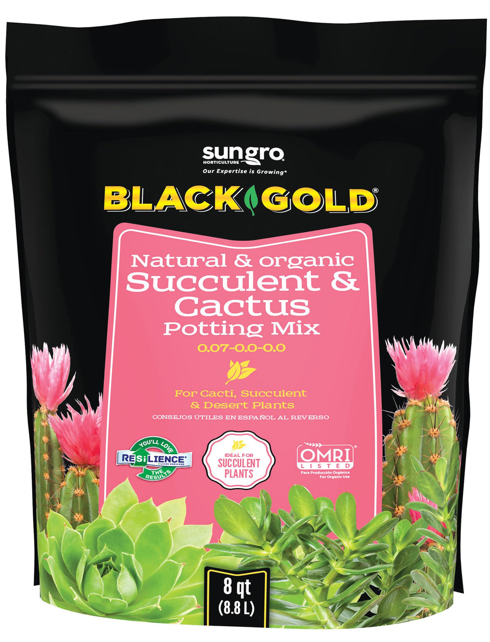 SUN GRO packaging for succulent and cactus mix demonstrates fast-draining soil for healthy roots.