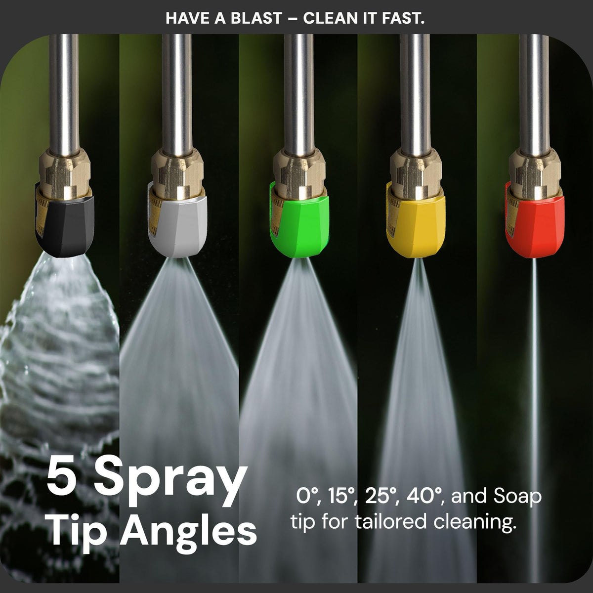 Sun Joe 15-degree tip provides controlled, precise spraying.