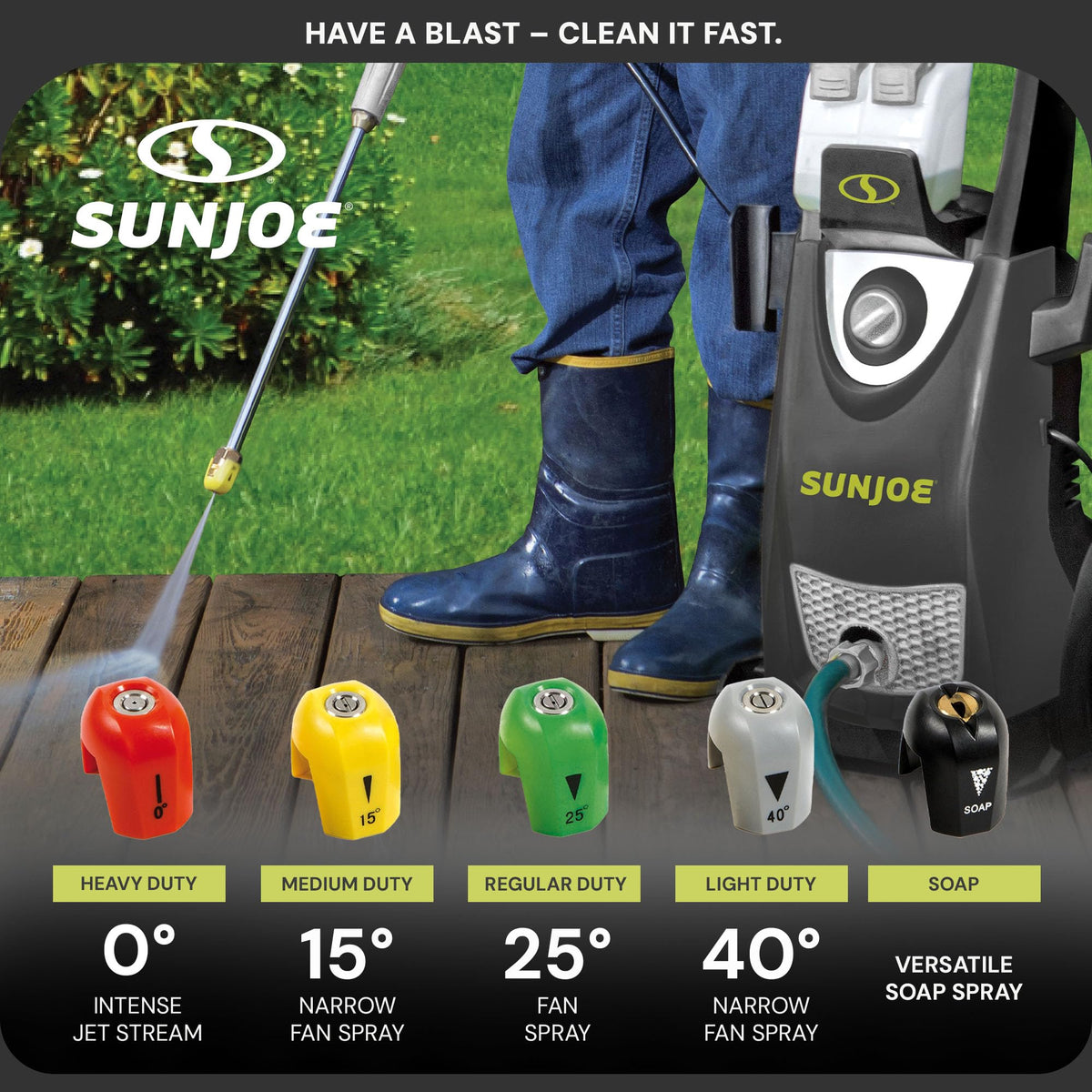 Sun Joe 40-degree tip with broad fan spray for large areas.
