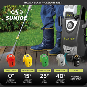 Sun Joe 40-degree tip with broad fan spray for large areas.