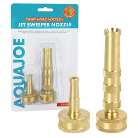 Sun Joe Aqua Joe solid brass hose nozzle set shows durable, leak-resistant construction.