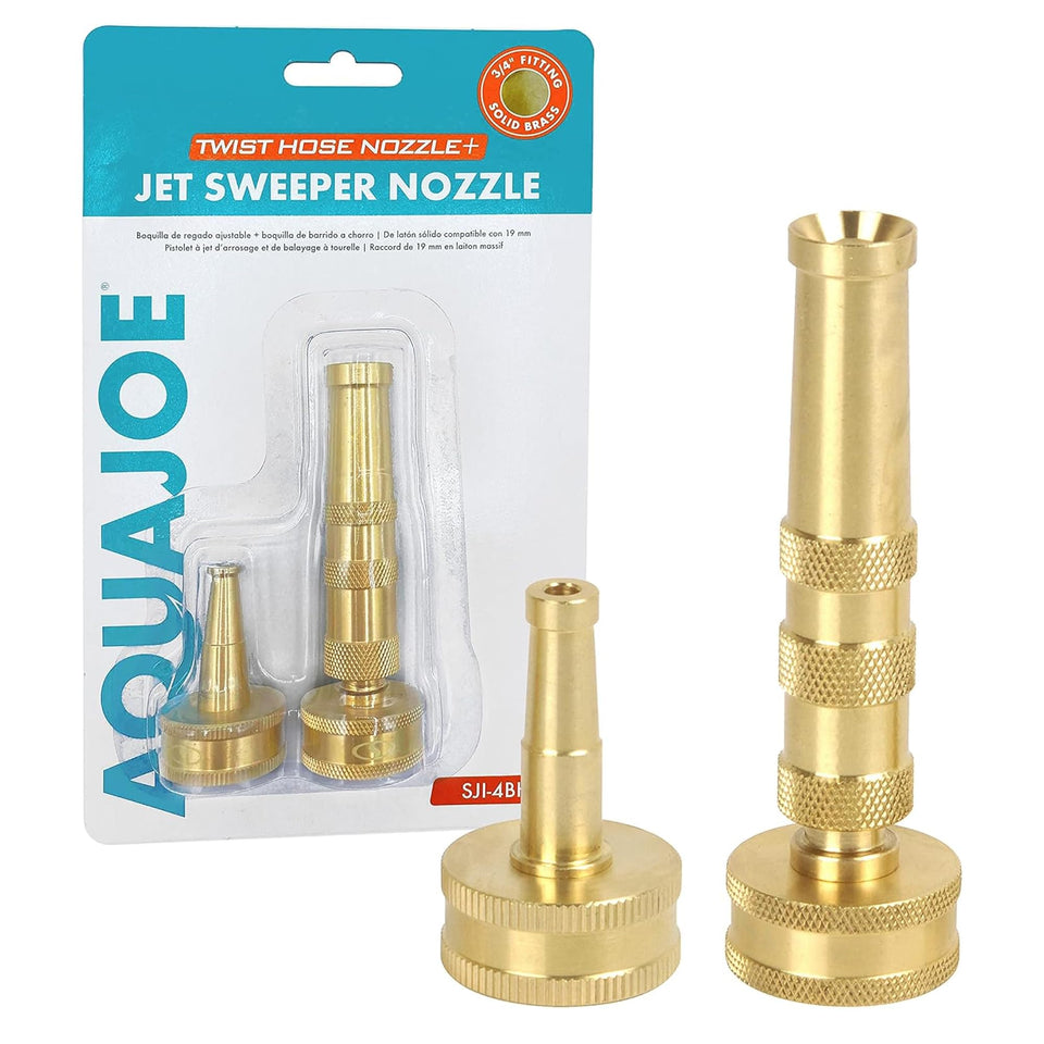 Sun Joe Aqua Joe solid brass hose nozzle set shows durable, leak-resistant construction.