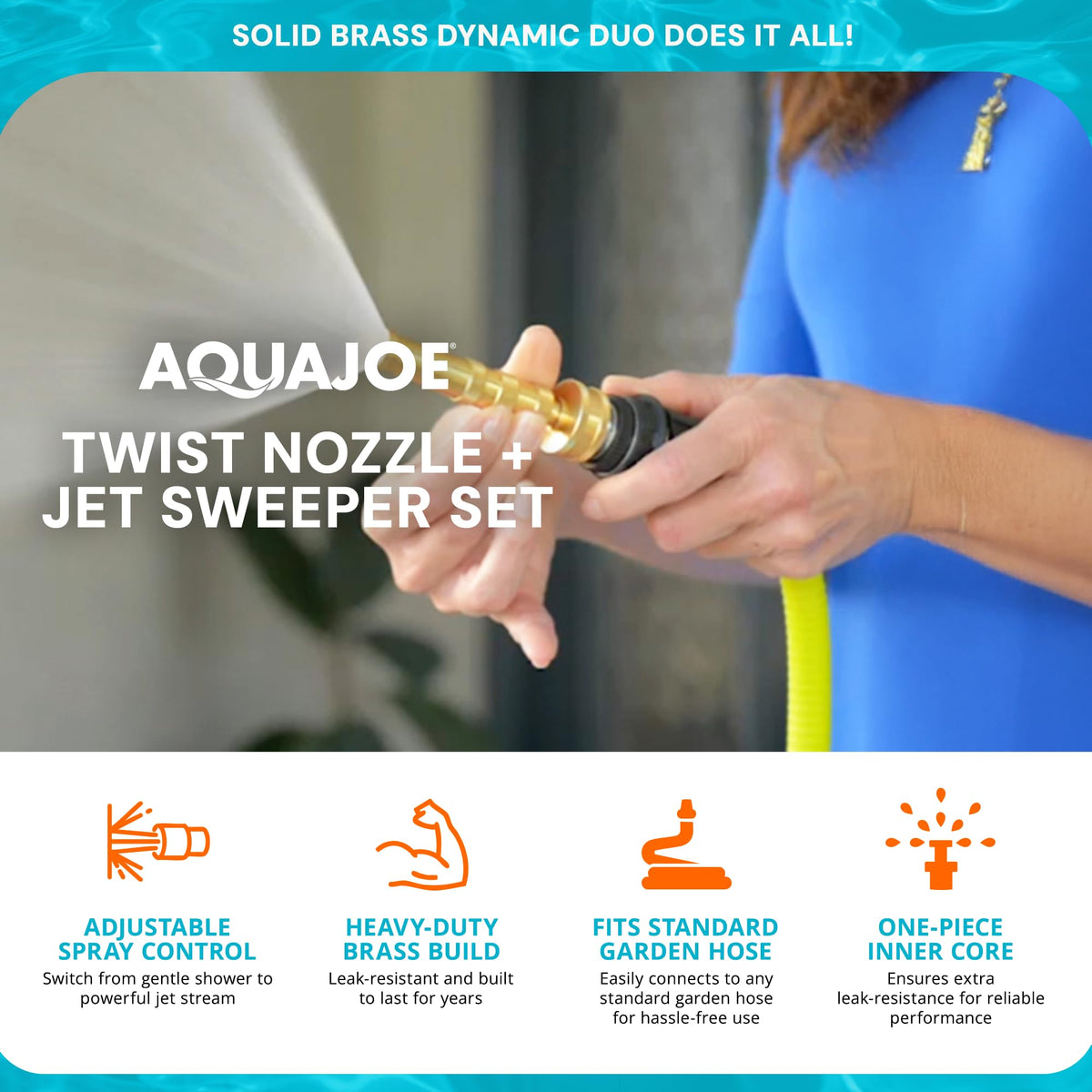 Sun Joe Aqua Joe twist spray nozzle demonstrates adjustable spray for versatile use.