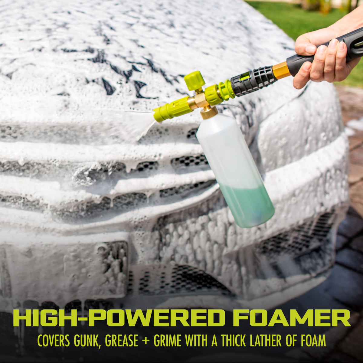 Sun Joe foam spray cannon used on car detailing with foam