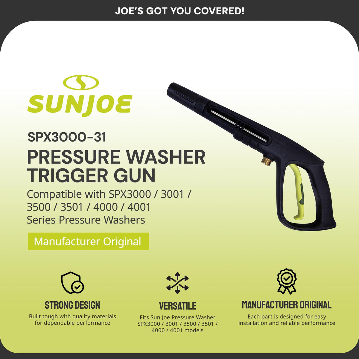 Sun Joe SPX3000-31 trigger gun side view highlights durable construction.