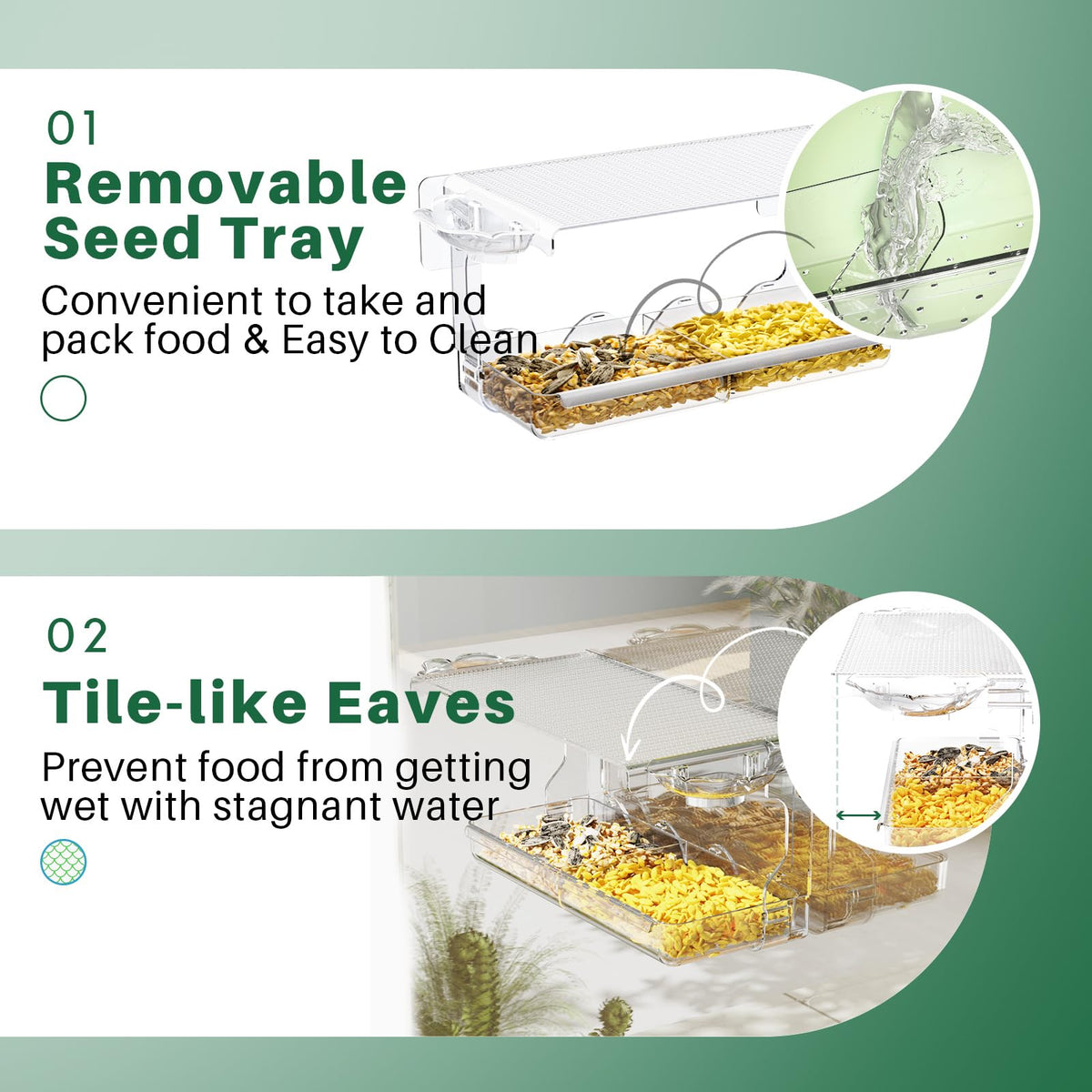 SUNALLY window feeder's removable tray simplifies cleaning and refilling for busy days.