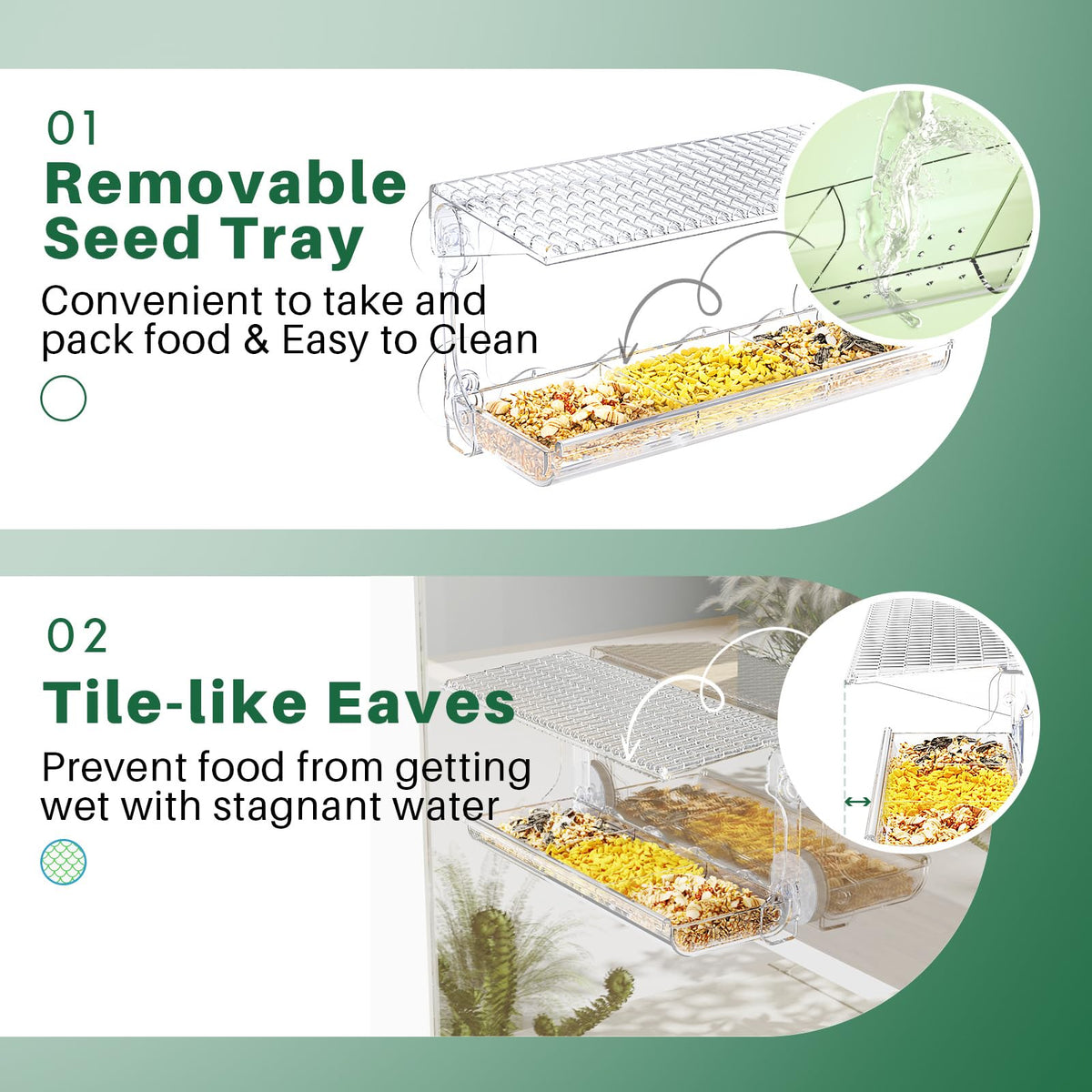 SUNALLY Window Bird Feeder triple-compartments support mixed seeds
