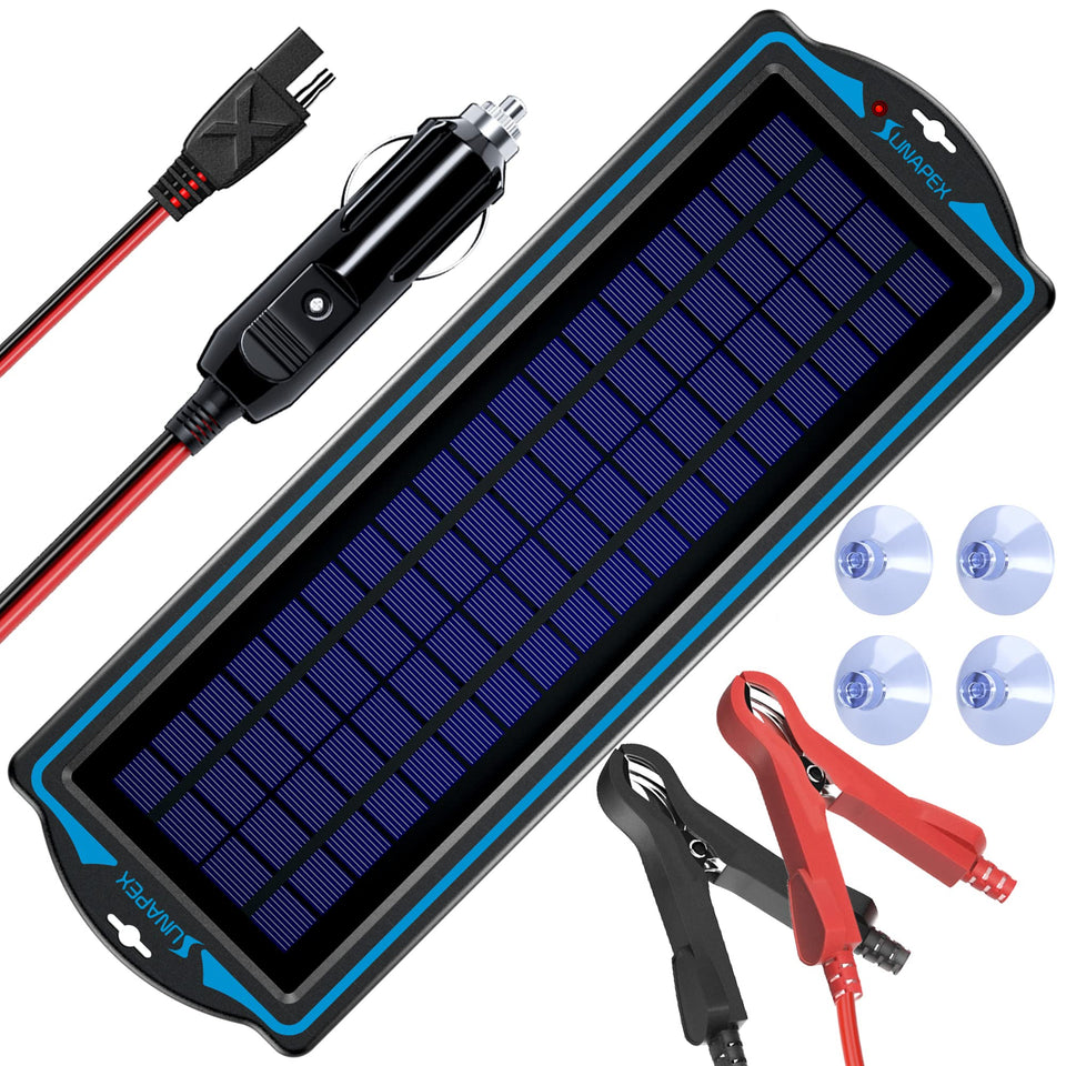SUNAPEX 12V solar panel with glass surface for durable outdoor charging.