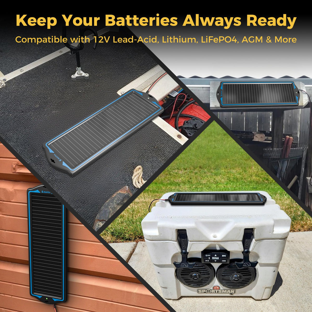 SUNAPEX includes 12V plug and alligator clips for direct battery connection.