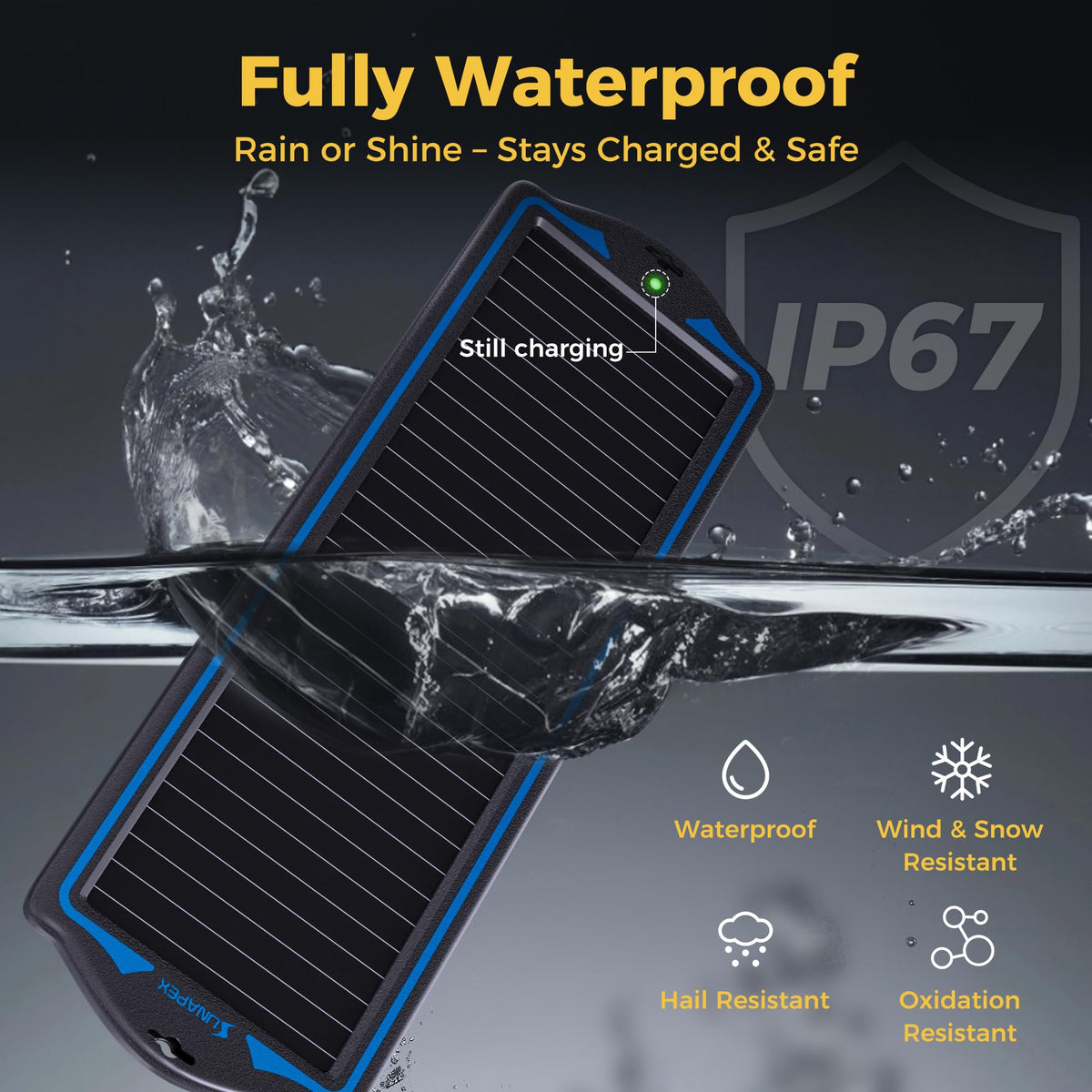 SUNAPEX portable panel with suction cups for quick car window mounting on the go.