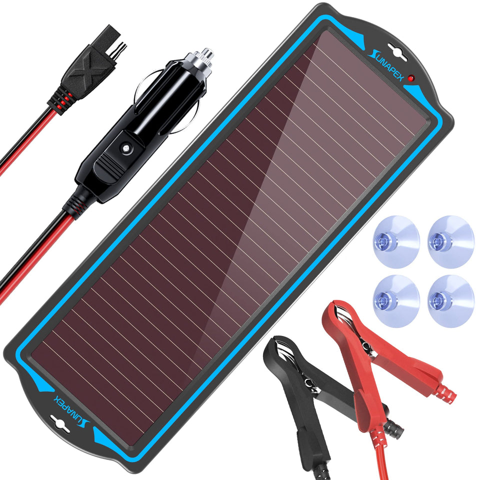SUNAPEX solar panel kit waterproof battery maintainer outdoors keeps vehicles ready.