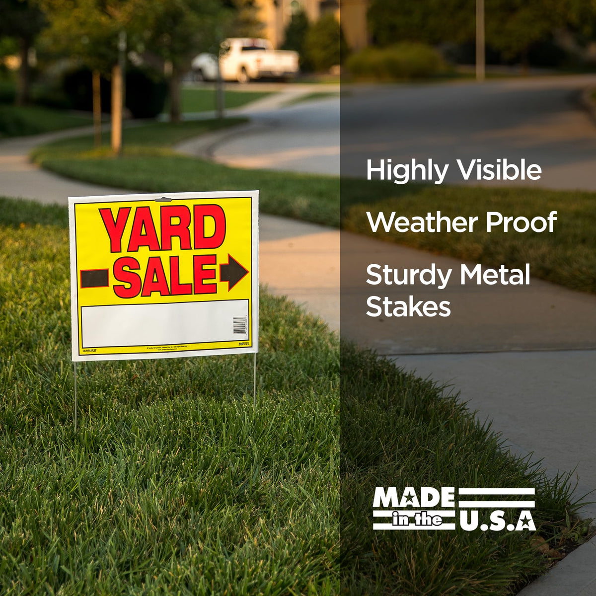 Sunburst Systems yard sale sign with metal U-stake keeps signs sturdy