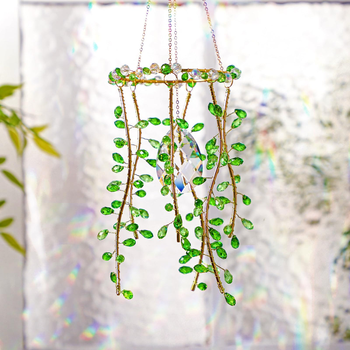 Suncalla three-piece suncatchers brighten kitchen window with color and light.