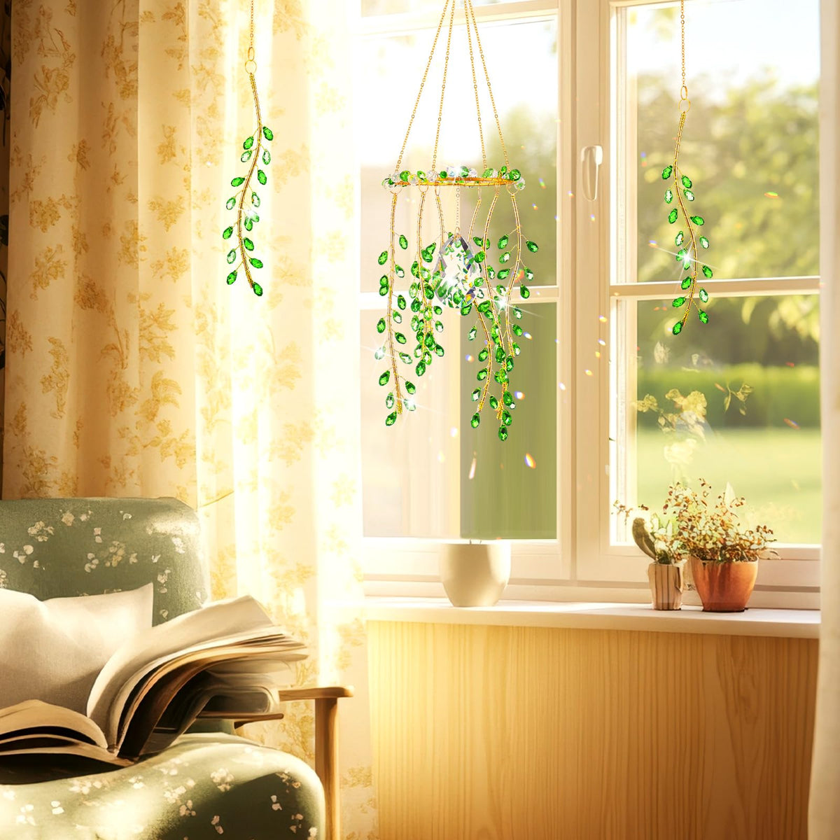 Suncalla leaf-shaped crystal suncatchers hang as art pendants with natural light.
