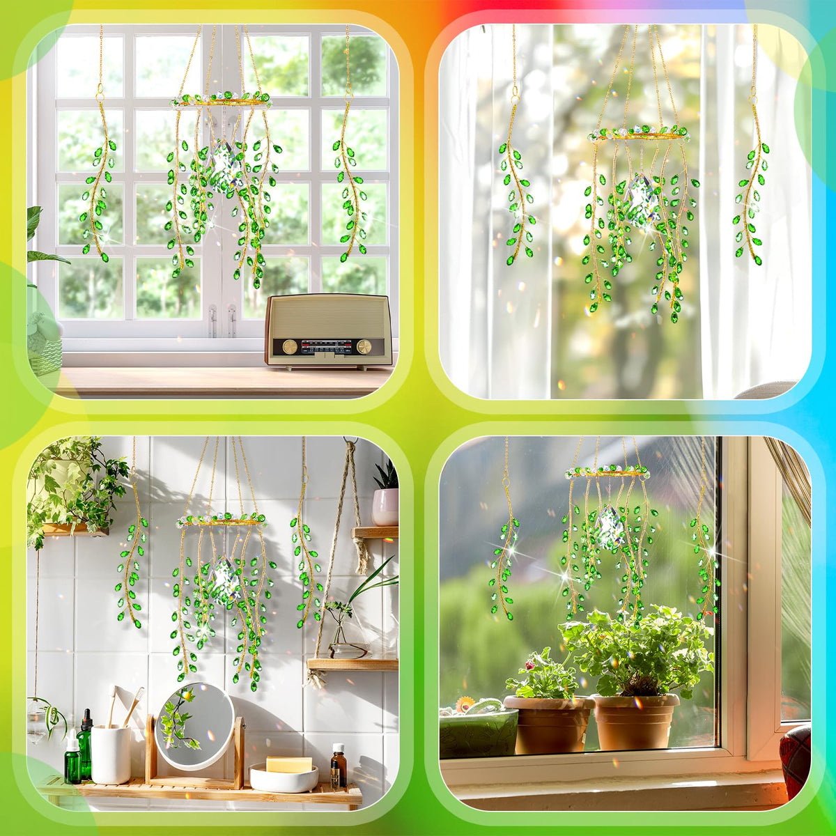 Suncalla window suncatcher set creates shimmering rainbow reflections in sunlit spaces.