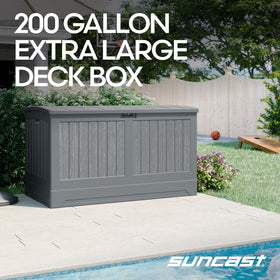Suncast 200-gallon deck box with lockable lid secures cushions and tools.