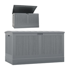 Suncast 200-gallon deck box with an open lid for quick access to outdoor cushions.