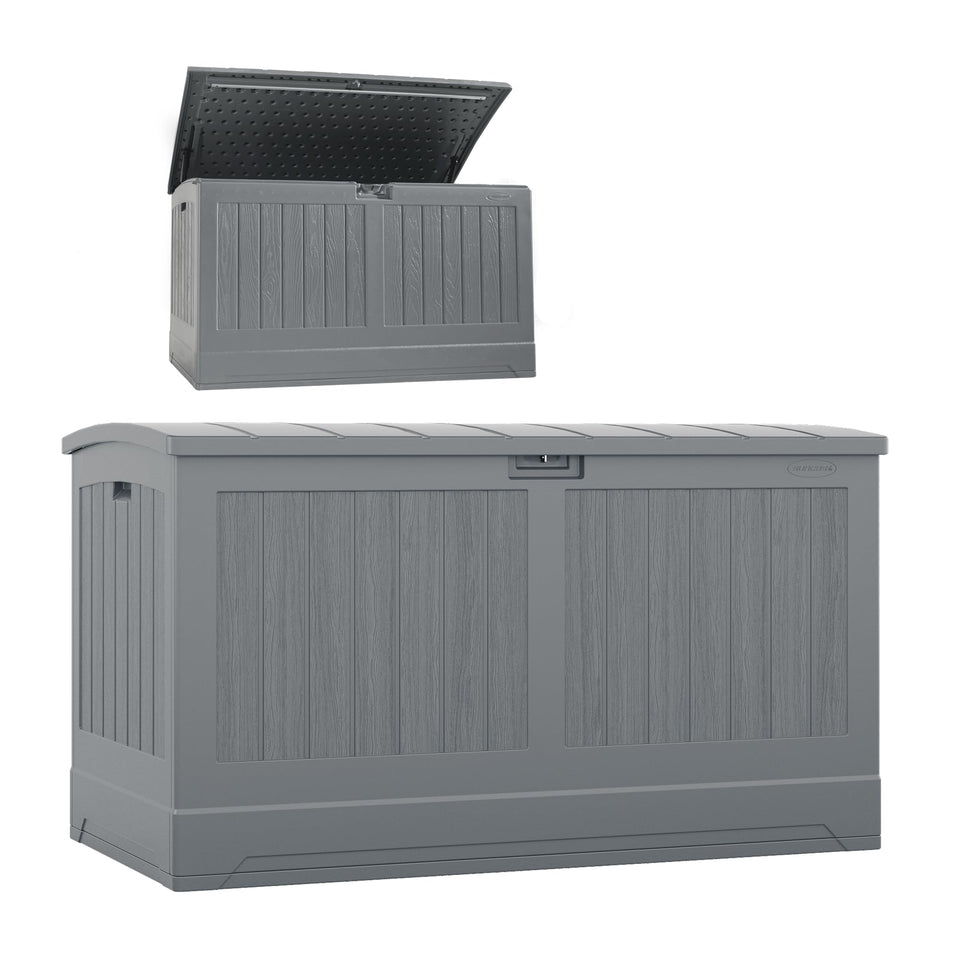 Suncast 200-gallon deck box with an open lid for quick access to outdoor cushions.