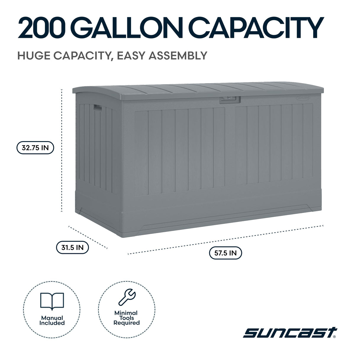 Suncast deck box with soft-close lid prevents slams and protects contents.