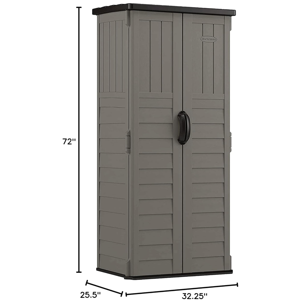 Suncast vertical resin shed door panel close-up shows easy access