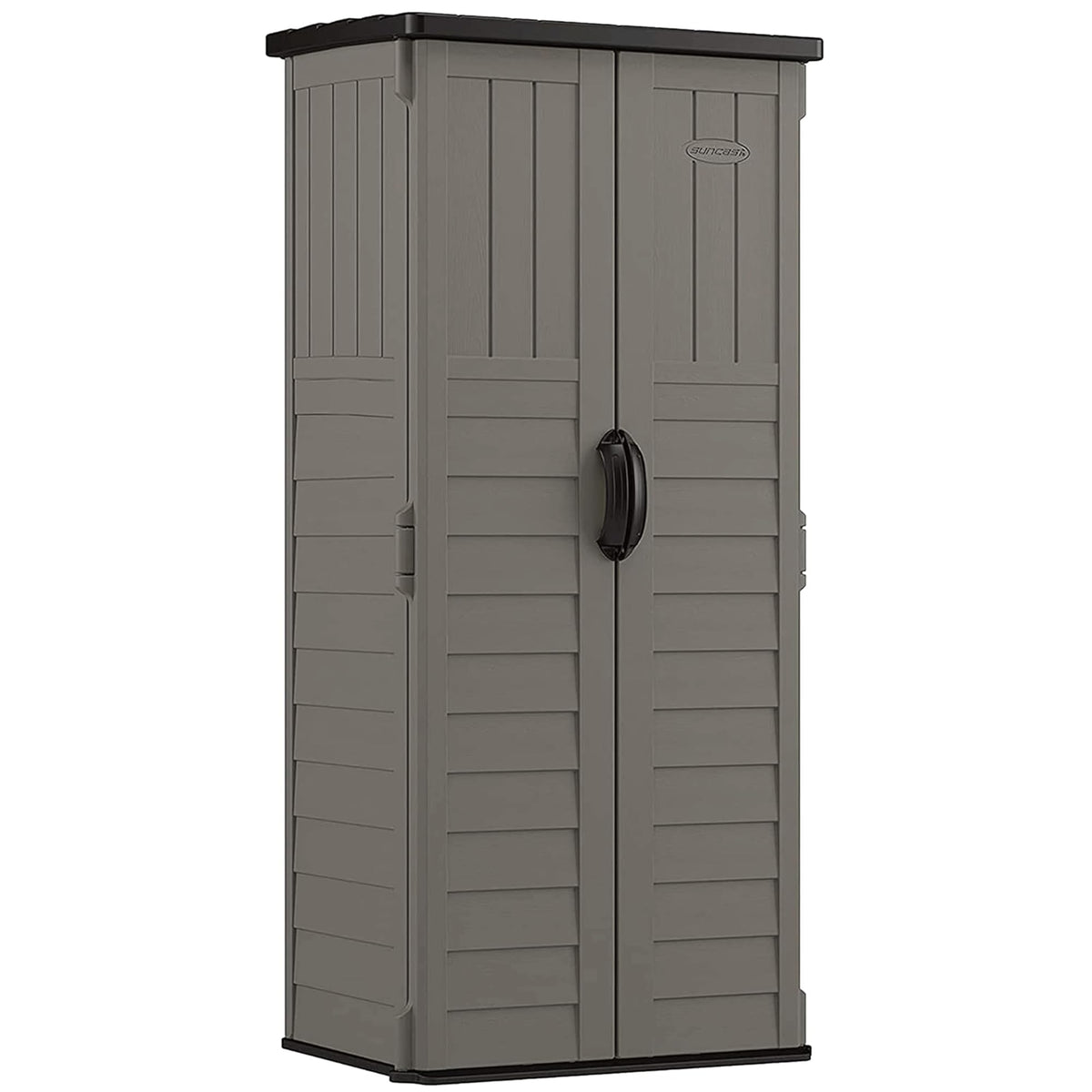 Suncast 22 cu ft vertical resin shed front view with lockable doors for secure storage