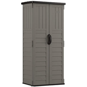 Suncast 22 cu ft vertical resin shed front view with lockable doors for secure storage