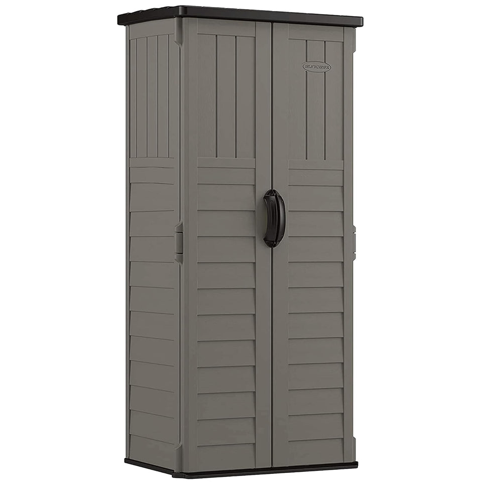 Suncast 22 cu ft vertical resin shed front view with lockable doors for secure storage