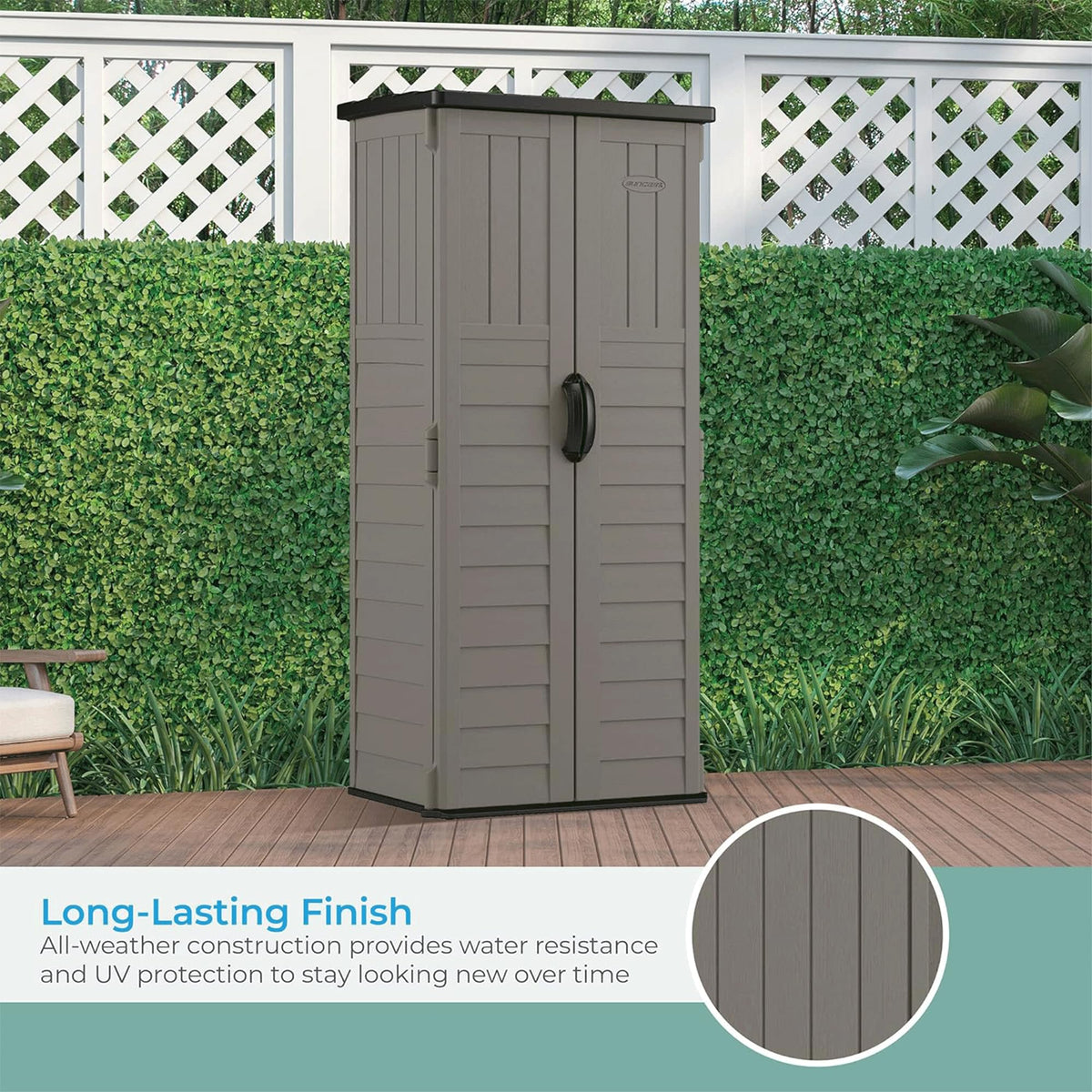 Suncast lockable double doors close-up highlighting secure access