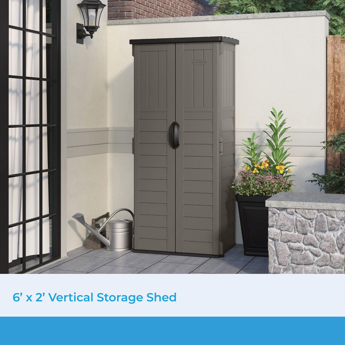 Suncast 22 cu ft vertical resin shed side view for compact garden tool storage