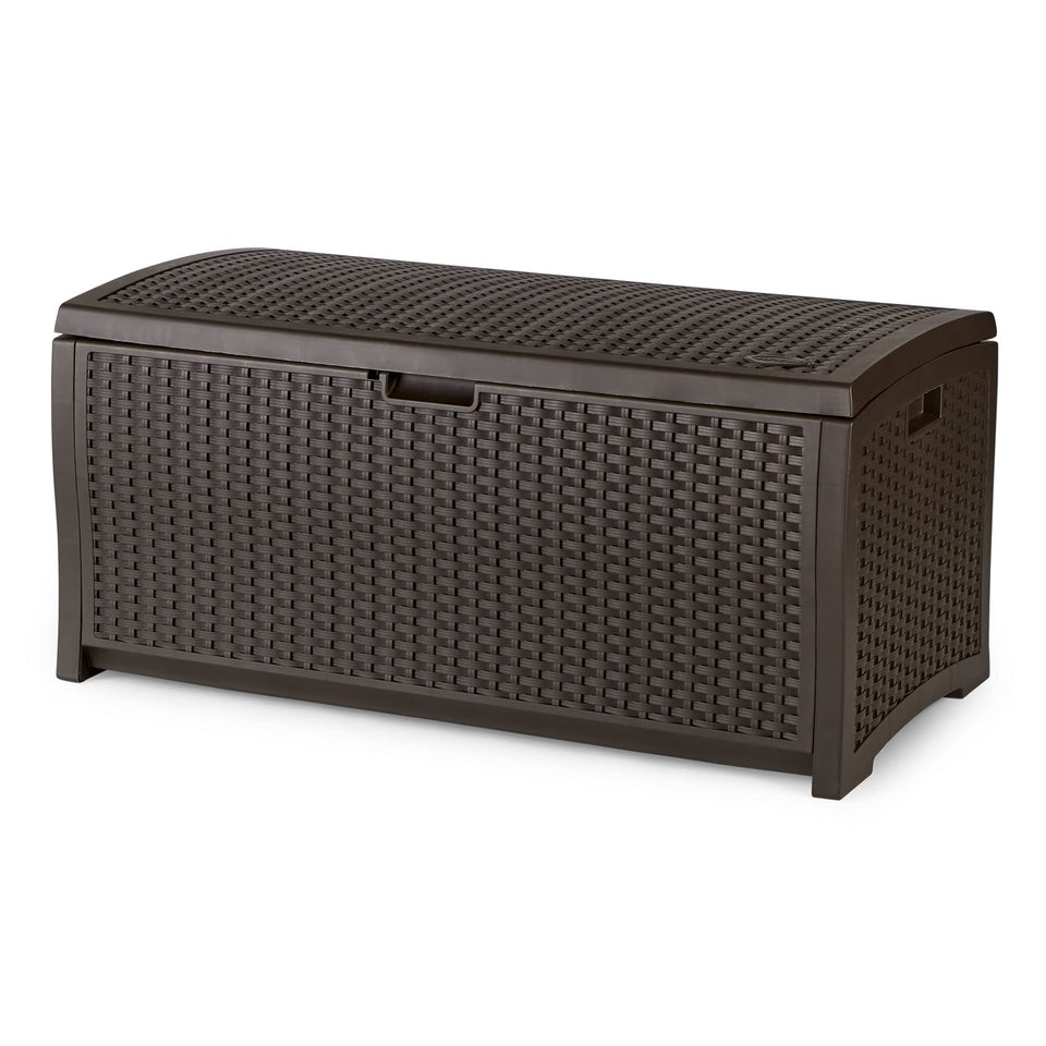 Suncast 73-gallon mocha brown deck box stores outdoor cushions and gear, weather-resistant and stylish.