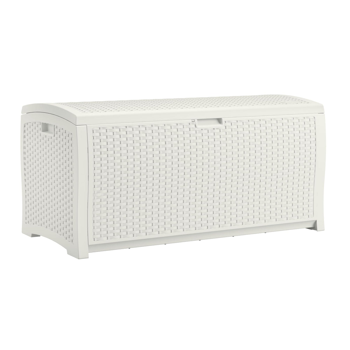 Suncast 99-gallon deck box front view offering ample outdoor storage for cushions and tools