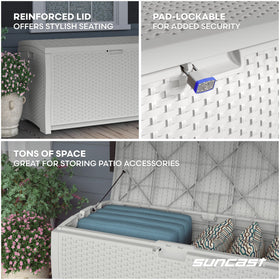 Suncast 99-gallon deck box in-use with pool noodles cushions and gardening tools