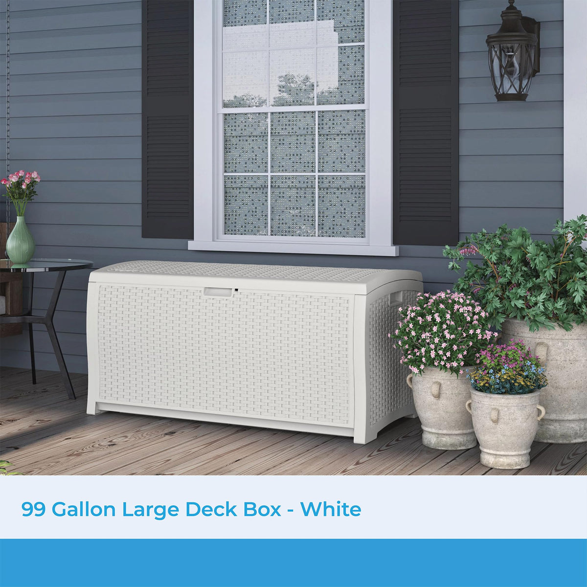 Suncast deck box lid closed highlighting weather-resistant construction for rain and sun protection