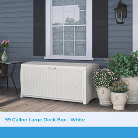 Suncast deck box lid closed highlighting weather-resistant construction for rain and sun protection