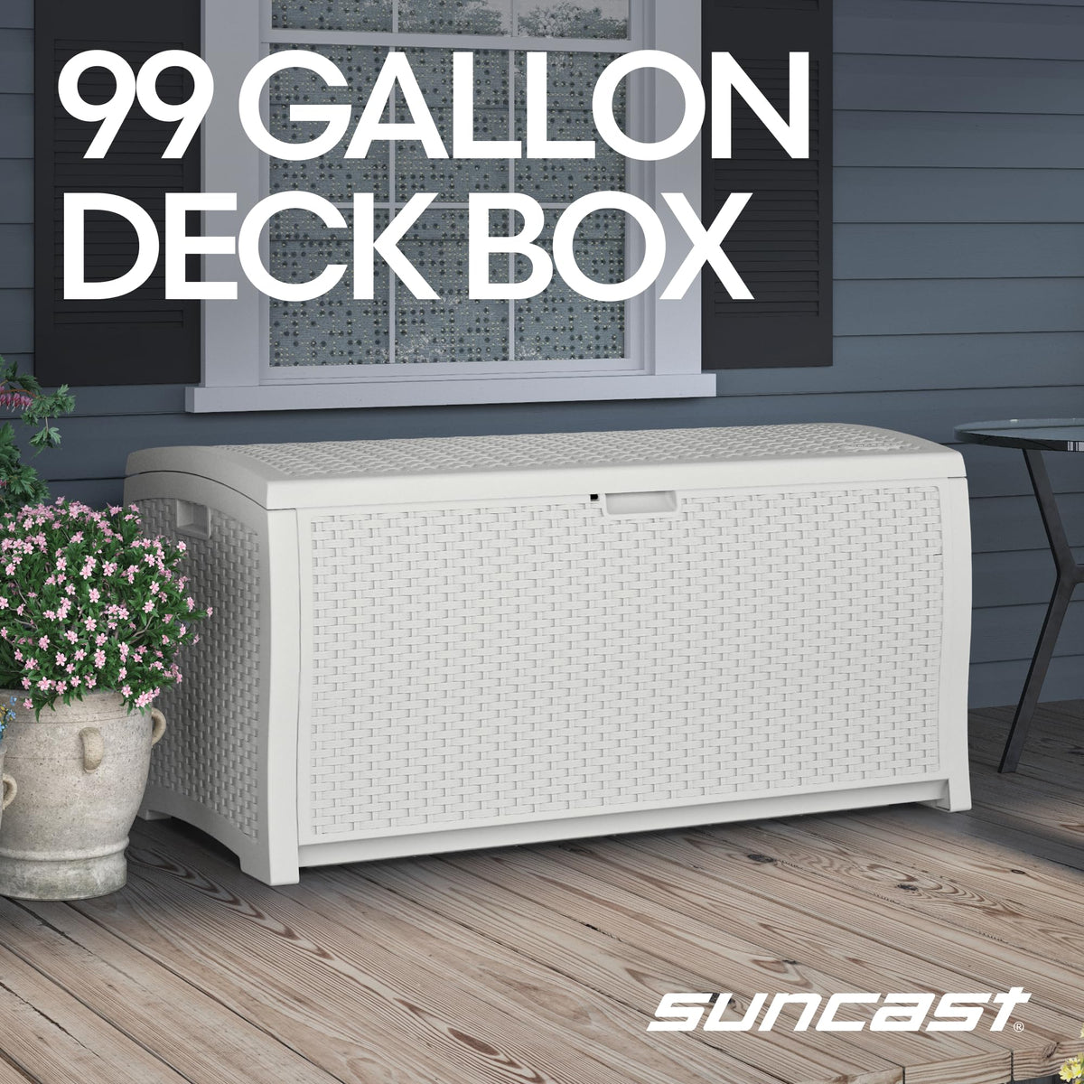 Suncast 99-gallon deck box lid open showing easy-access design for quick item retrieval