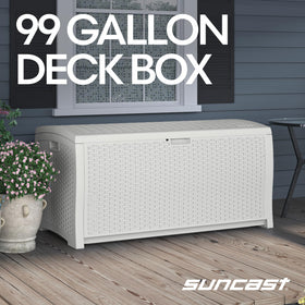 Suncast 99-gallon deck box lid open showing easy-access design for quick item retrieval