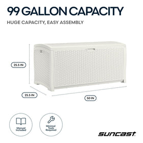 Suncast deck box side profile emphasizes slim footprint fit for compact patios and decks