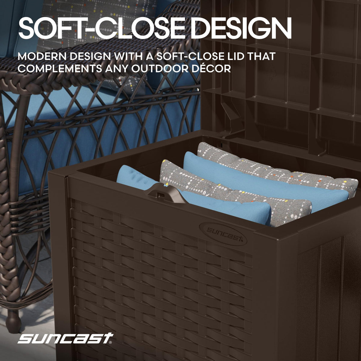 Suncast cushions and tools neatly organized inside the 22-gallon box