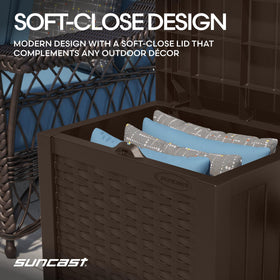 Suncast cushions and tools neatly organized inside the 22-gallon box