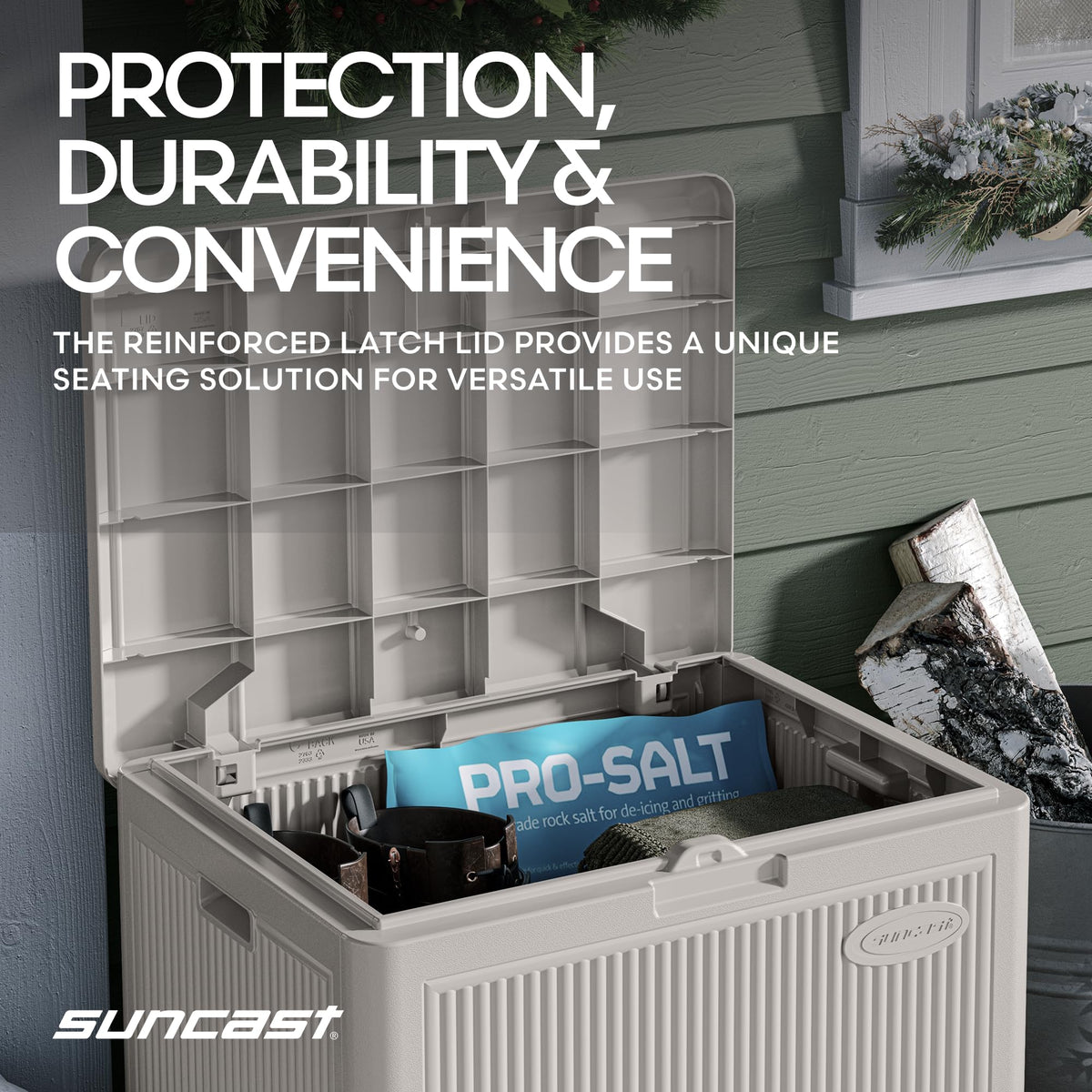 Suncast compact deck box fits small outdoor spaces with 22-gallon capacity.