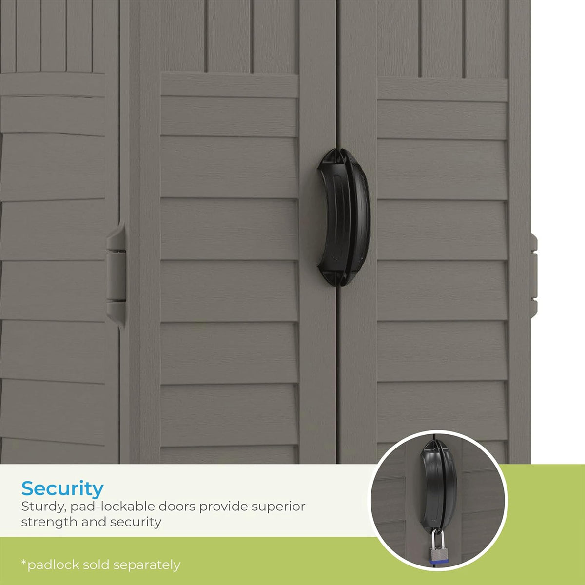 Suncast compact footprint image highlights 22 cu ft capacity